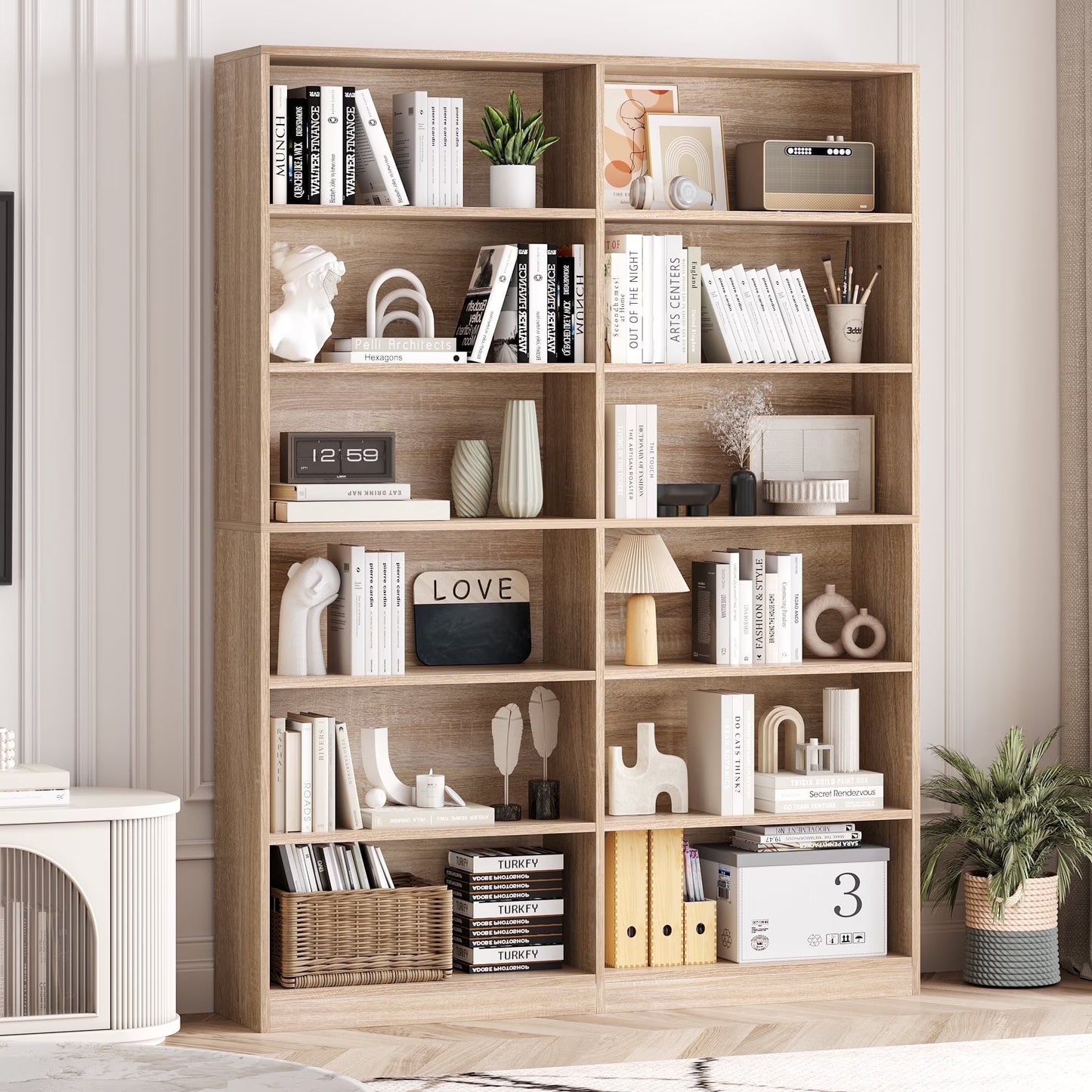 Homfa 74.3° Double Wide 6-Tier Bookcase, Extra Large Wooden Freestanding Display Bookshelf for Home Office Living Room, White
