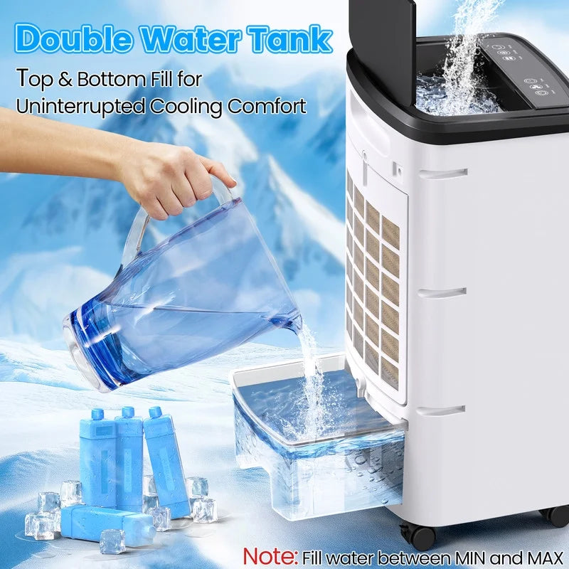 Windowless Air Conditioners, 4 In 1 Portable Swamp Cooler with 2 Water Tanks, Room Air Conditioner with 4 Ice Packs, Remote, 12H Timer, 3 Speeds 4 Modes, Ductless Cooler for Indoor Home Office