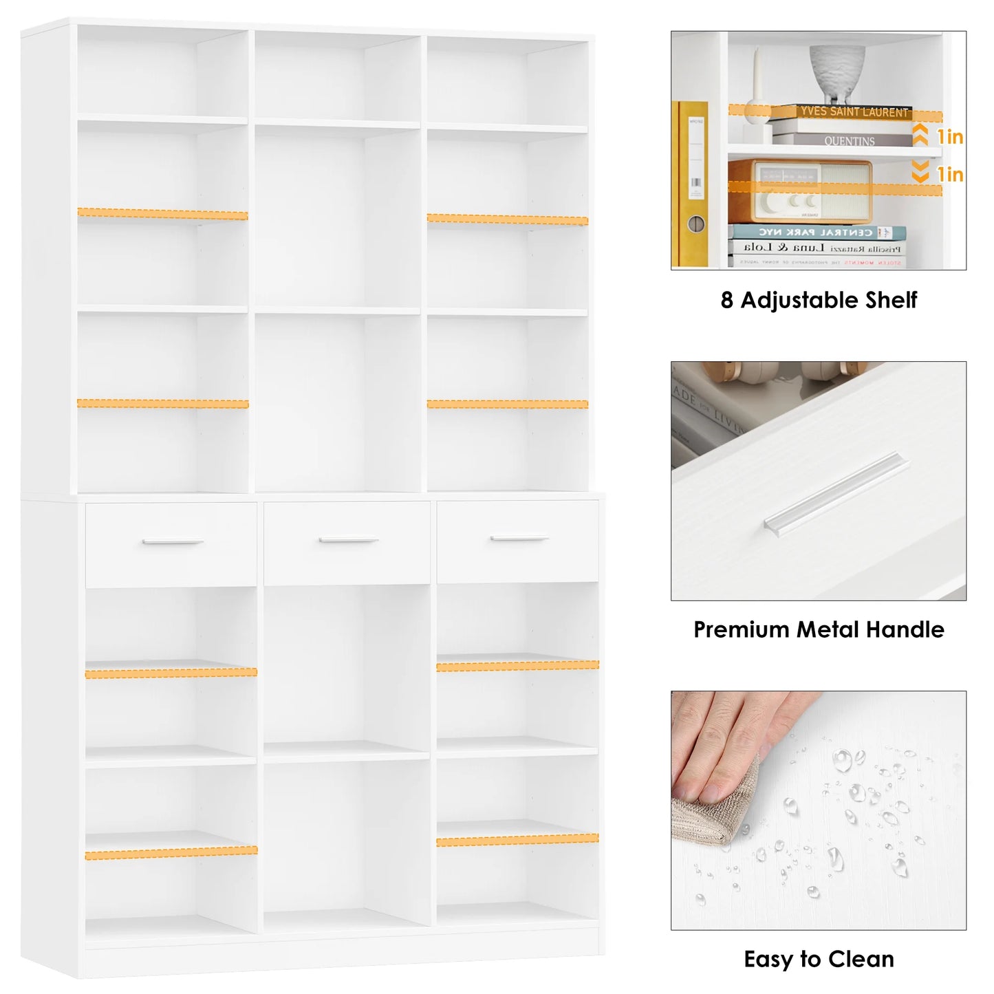 Homfa 75-Inch Bookshelf and Bookcase with 3 Drawers, Wooden Storage Book Shelf with Adjustable Shelves For Living Room, Home Office, White