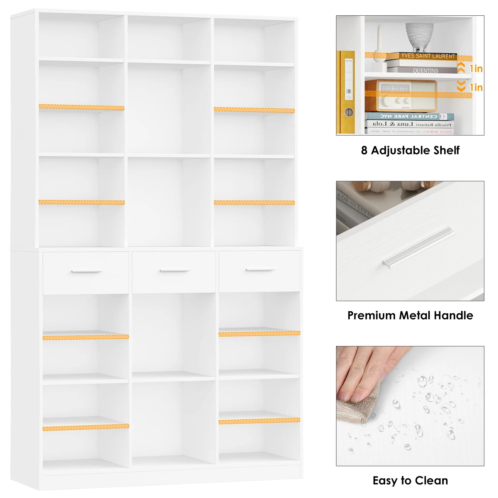 Homfa 75-Inch Bookshelf and Bookcase with 3 Drawers, Wooden Storage Book Shelf with Adjustable Shelves For Living Room, Home Office, White