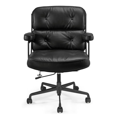 Mid Back Genuine Leather Office Chair, Adjustable Height and Liftable Swivel Computer Chair with Rolling Casters for Home Office Use, Black