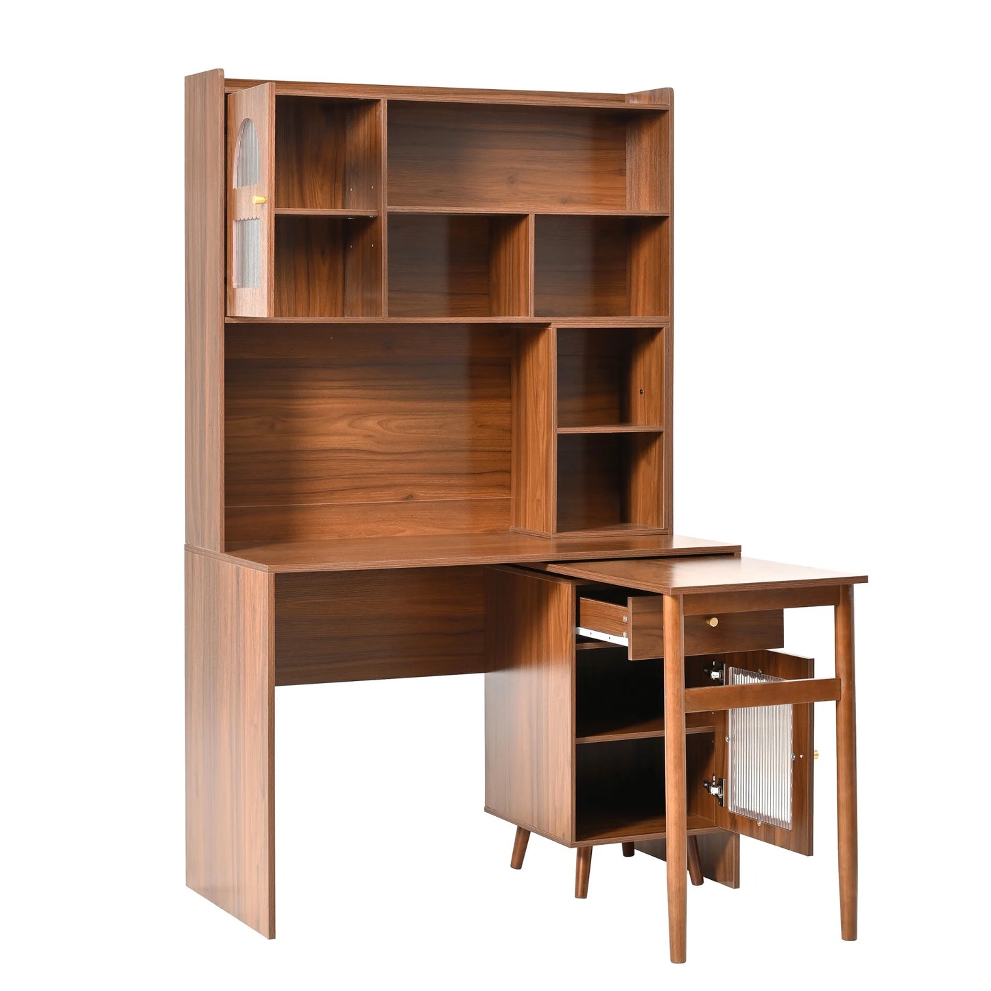 43'' Computer Desk with 90 Degree Rotating Desktop, L-Shaped Home Office Desk with Hutch and Drawer, Writing Desk with Storage Cabinet and Glass Doors for Bedroom Living Room, Walnut