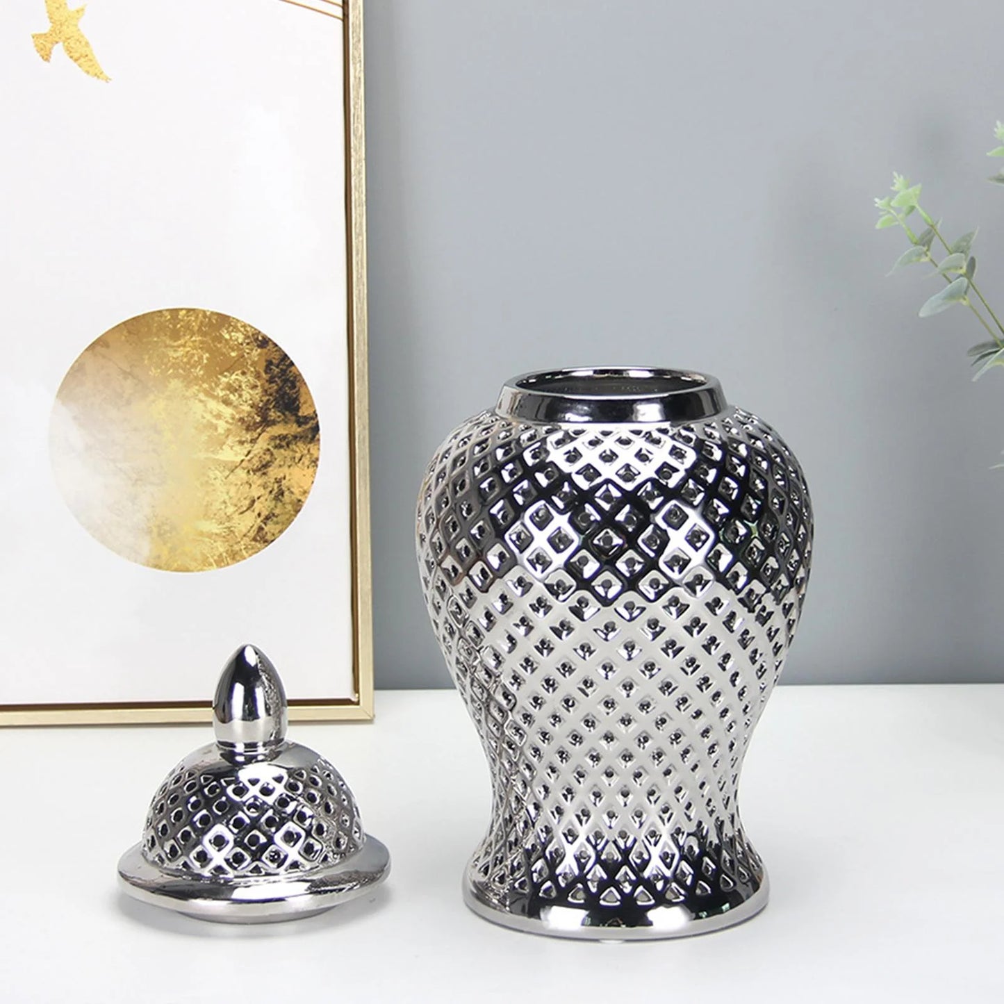 Vintage Style Ceramic Ginger Jar Dried Flower Vase Porcelain Storage Jar with