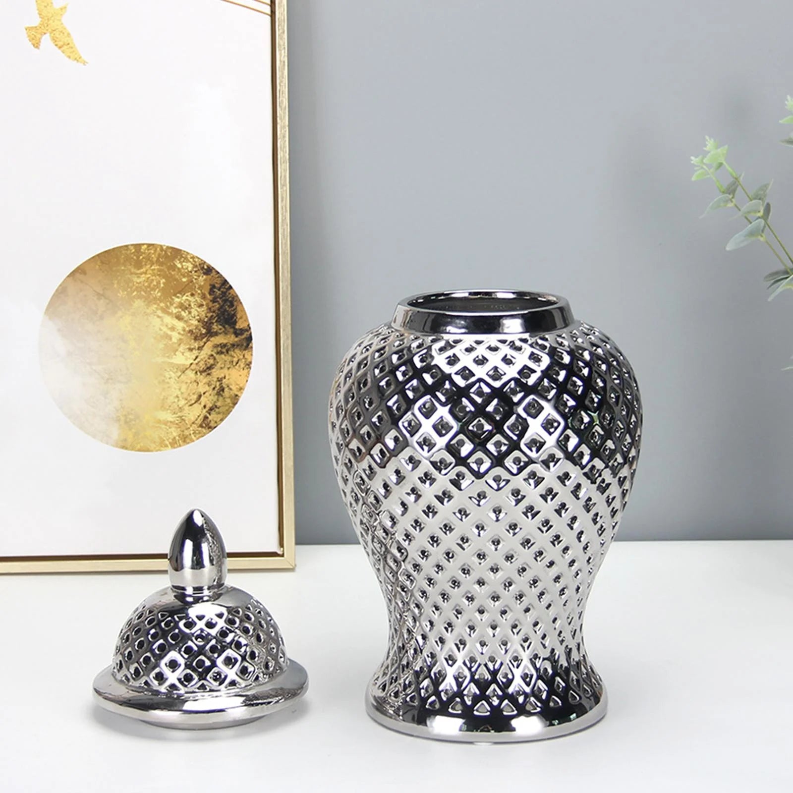 Vintage Style Ceramic Ginger Jar Dried Flower Vase Porcelain Storage Jar with