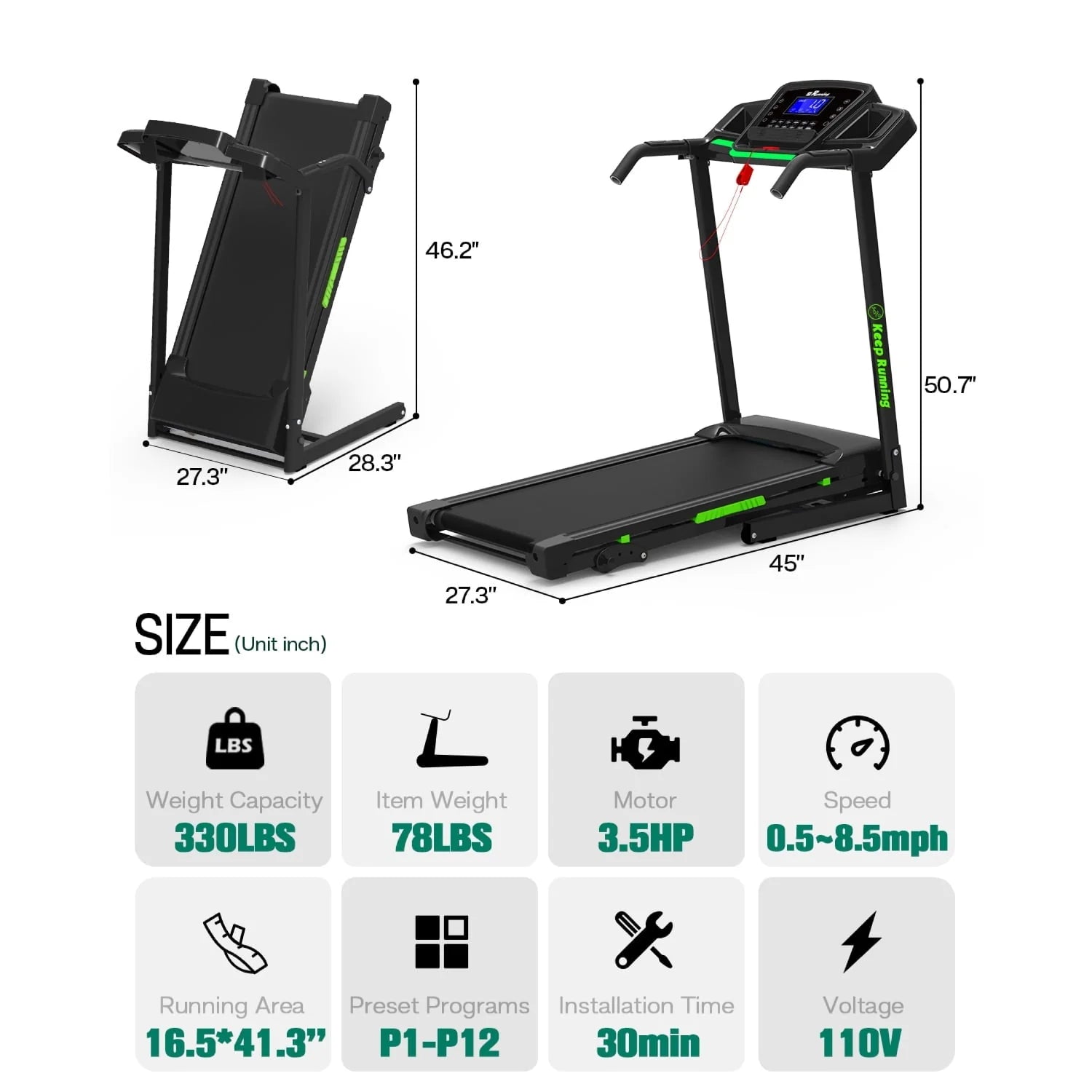 3.5HP 330 LBS Weight Foldable Electric Running Walking Machine with Bluetooth/APP for Home, Fitness Jogging Exercise, Easy Installation and Space Saver for Home Office Gym