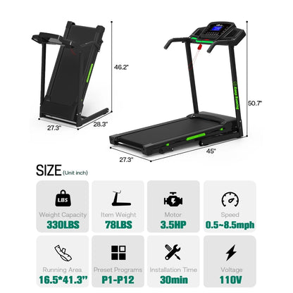 3.5HP 330 LBS Weight Foldable Electric Running Walking Machine with Bluetooth/APP for Home, Fitness Jogging Exercise, Easy Installation and Space Saver for Home Office Gym