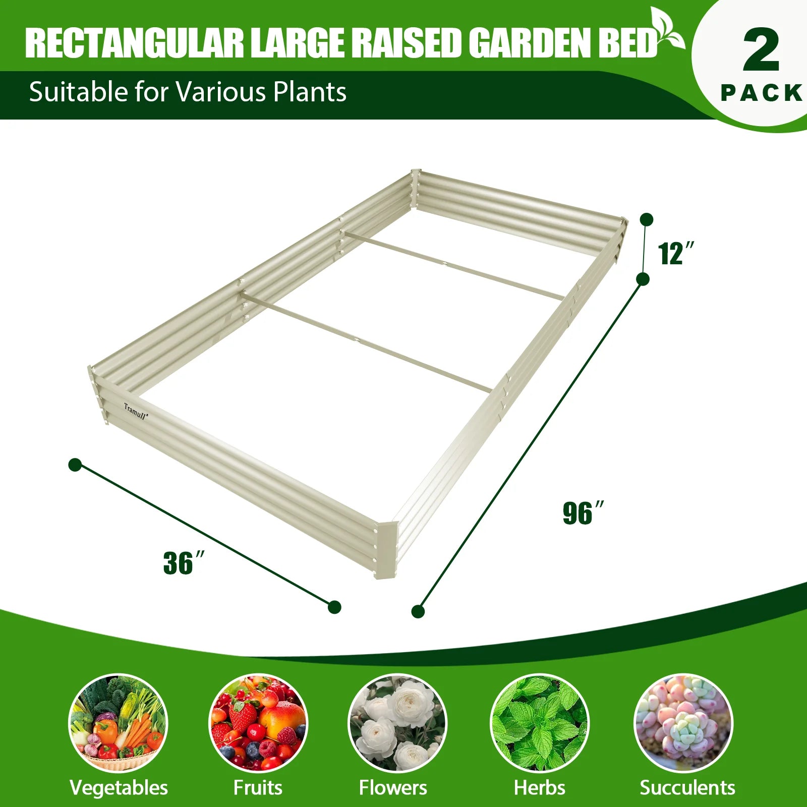 TRAMULL 2 Pack 8x3x1ft Metal Galvanized Raised Garden Bed for Vegetables Flowers Ground Planter Box (Gray)