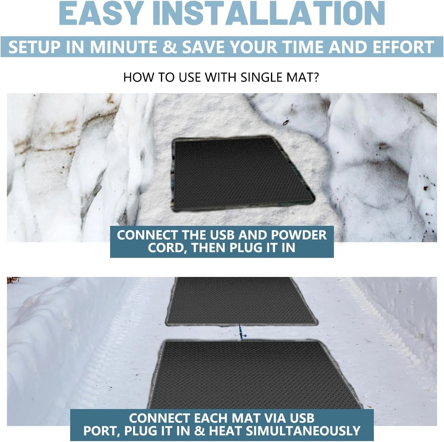 Slsy Snow Melting Mat, 20 x 30 inch, 3 in/h Melting Speed, Heated Outdoor Mats for Winter Walkway, No-Slip Rubber w/Plug & Power Cord