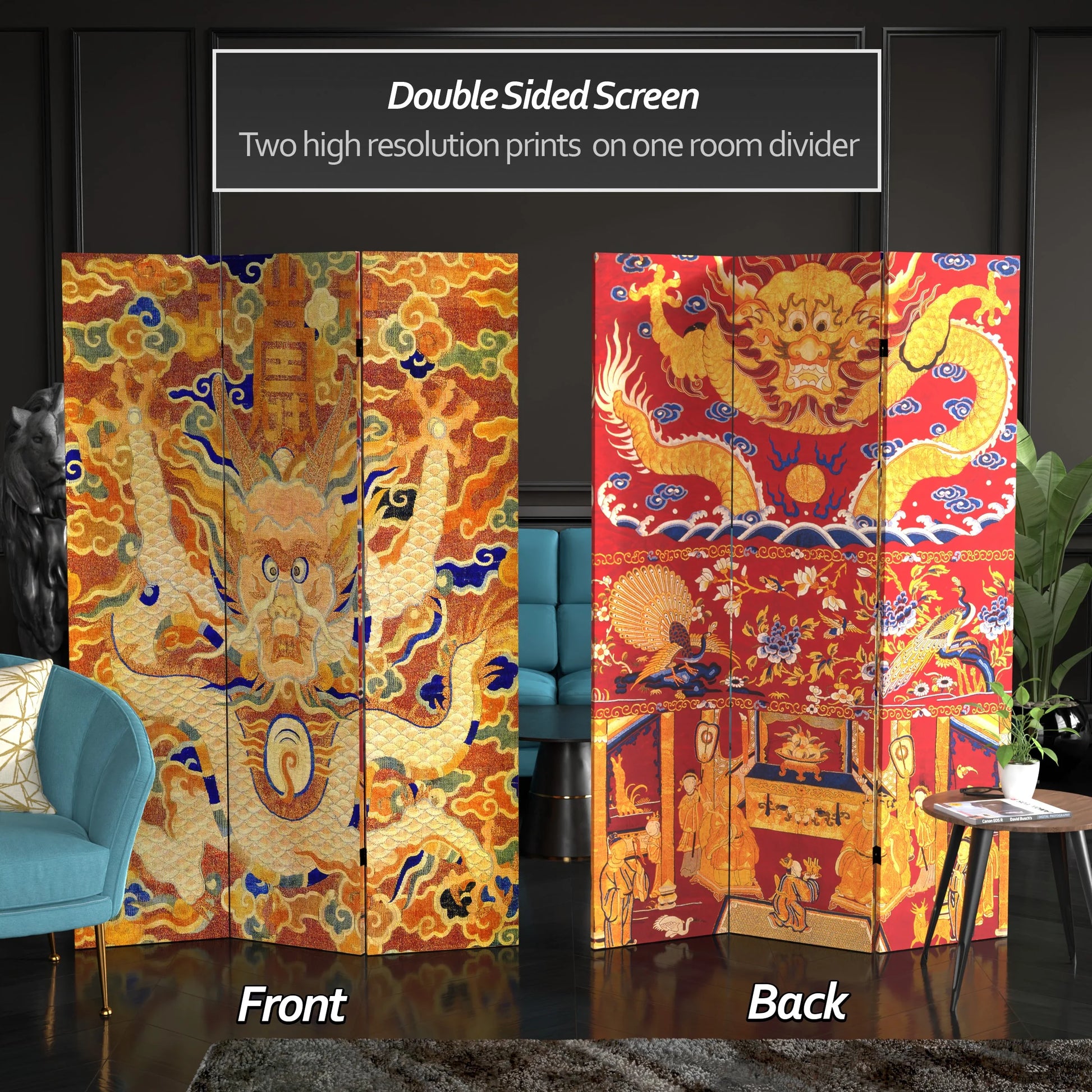 Oriental Furniture 6 ft. Tall Dragon of the Red Chamber Room Divider - 3 Panel