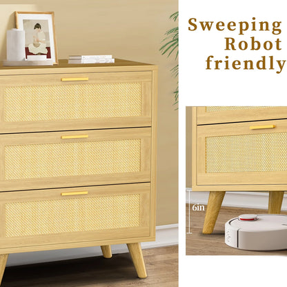 Capri 3 Drawer Dresser, Rattan Storage Wide Chest of Drawers, Night Stand Storage Cabinet for Women, Kids, Baby, Nursery, Girls, Bedroom Living Room Furniture, Natural