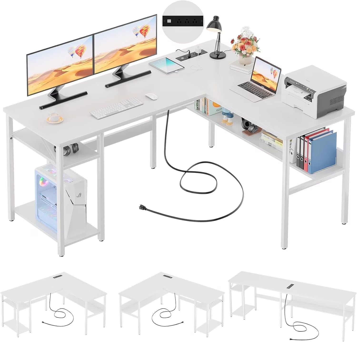 Homieasy Reversible L Shaped Desk with Magic Power Outlets and USB Charging Ports, Sturdy Corner Computer Desk with Storage Shelves, Gaming Table Home Office Desk, Easy to Assemble, Black Oak