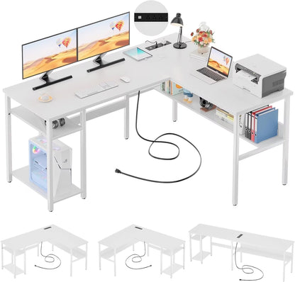 Homieasy Reversible L Shaped Desk with Magic Power Outlets and USB Charging Ports, Sturdy Corner Computer Desk with Storage Shelves, Gaming Table Home Office Desk, Easy to Assemble, Black Oak