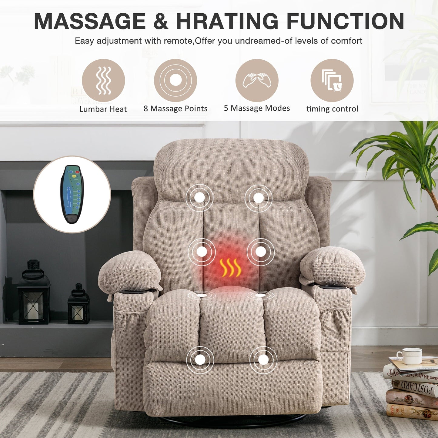 SYNGAR Manual Recliner Chair with Heat and Massage Function, Fabric Upholstery Recliner for Home Living Room Bedroom Nursery, Swivel Rocker Sofa Chair with USB Port and 2 Cup Holders, Beige