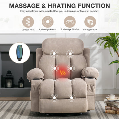SYNGAR Manual Recliner Chair with Heat and Massage Function, Fabric Upholstery Recliner for Home Living Room Bedroom Nursery, Swivel Rocker Sofa Chair with USB Port and 2 Cup Holders, Beige
