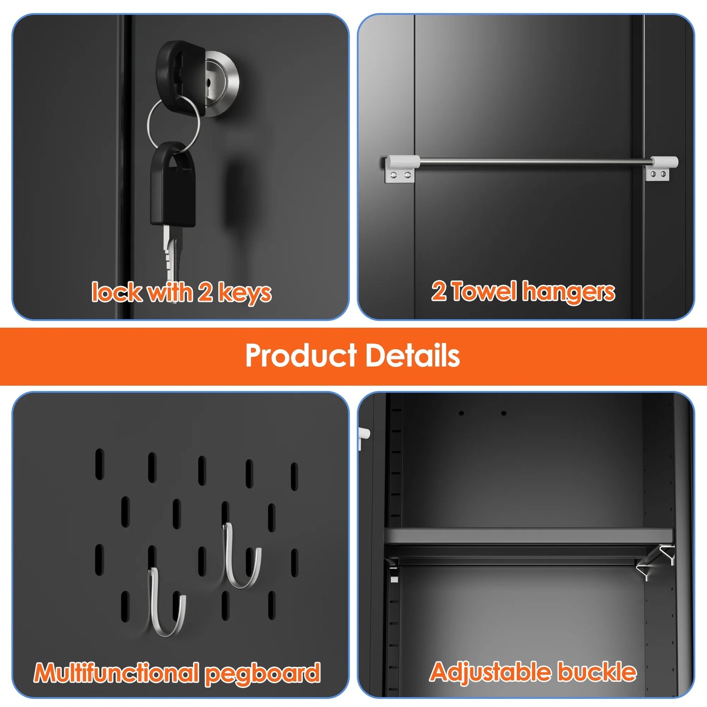 Aobabo 71.41''H Metal Garage Storage Cabinet with Lockable Doors and Hanging Rod,Broom Closet Storage Cabinet with Pegboard and Adjustable Shelves for Home Office School,Required Assembly,Black
