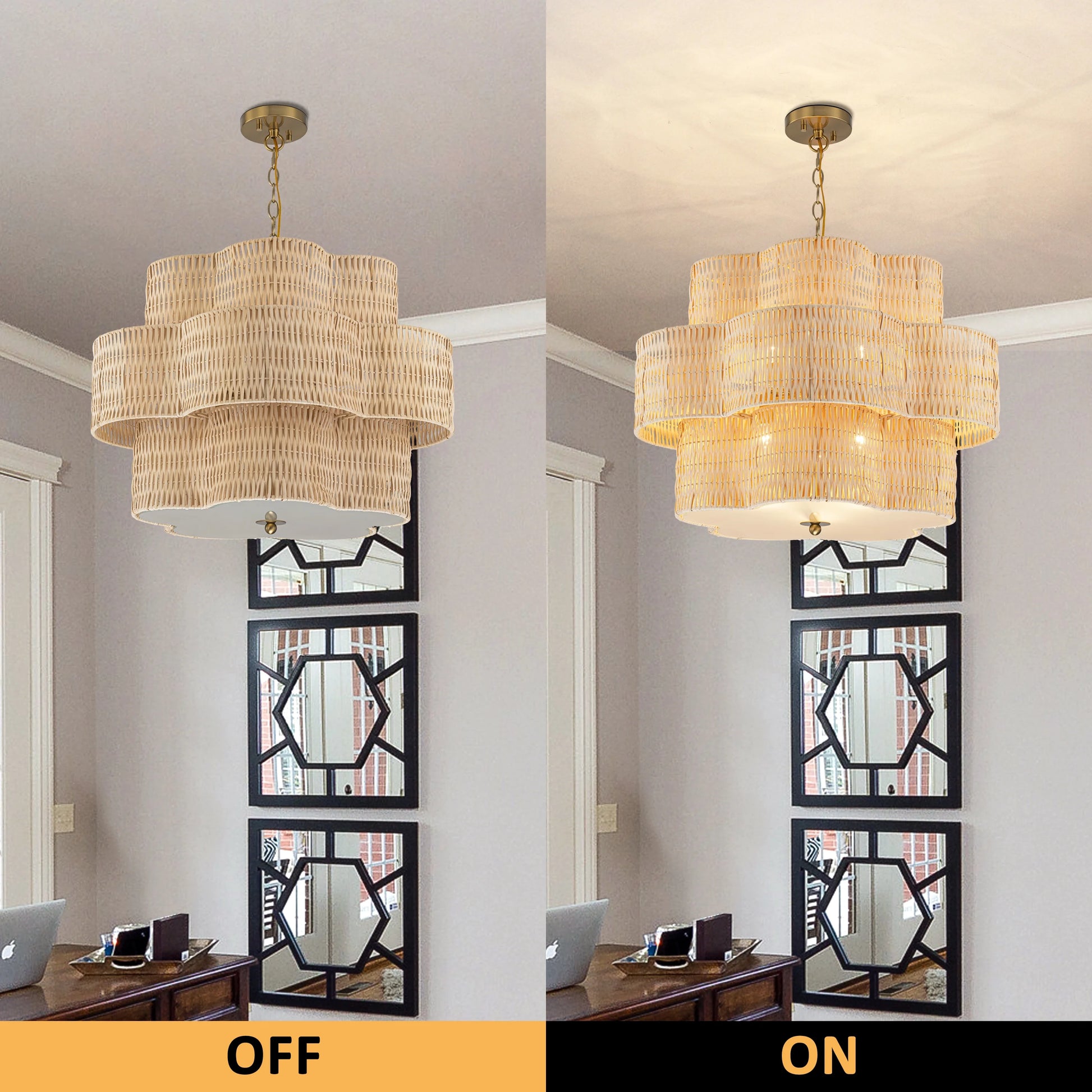C Cattleya 20" 5-Light Natural Rattan Chandelier with 2-Tier Hand Woven Flower-Shaped Shade