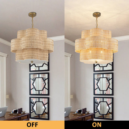 C Cattleya 20" 5-Light Natural Rattan Chandelier with 2-Tier Hand Woven Flower-Shaped Shade