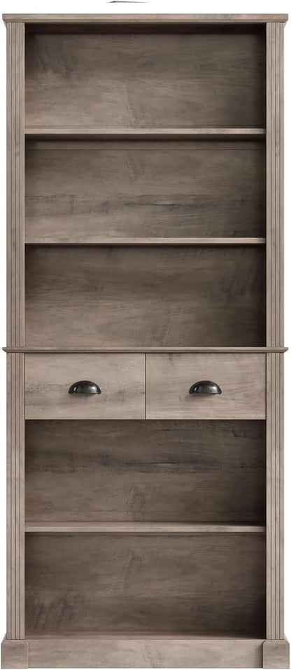 72" Farmhouse Bookshelf and Bookcase with Storage, Tall Bookshelf with Drawers, 5 Tier Book Shelf with Storage, Wood Display Shelves for Home Office, Study, Wash Gray