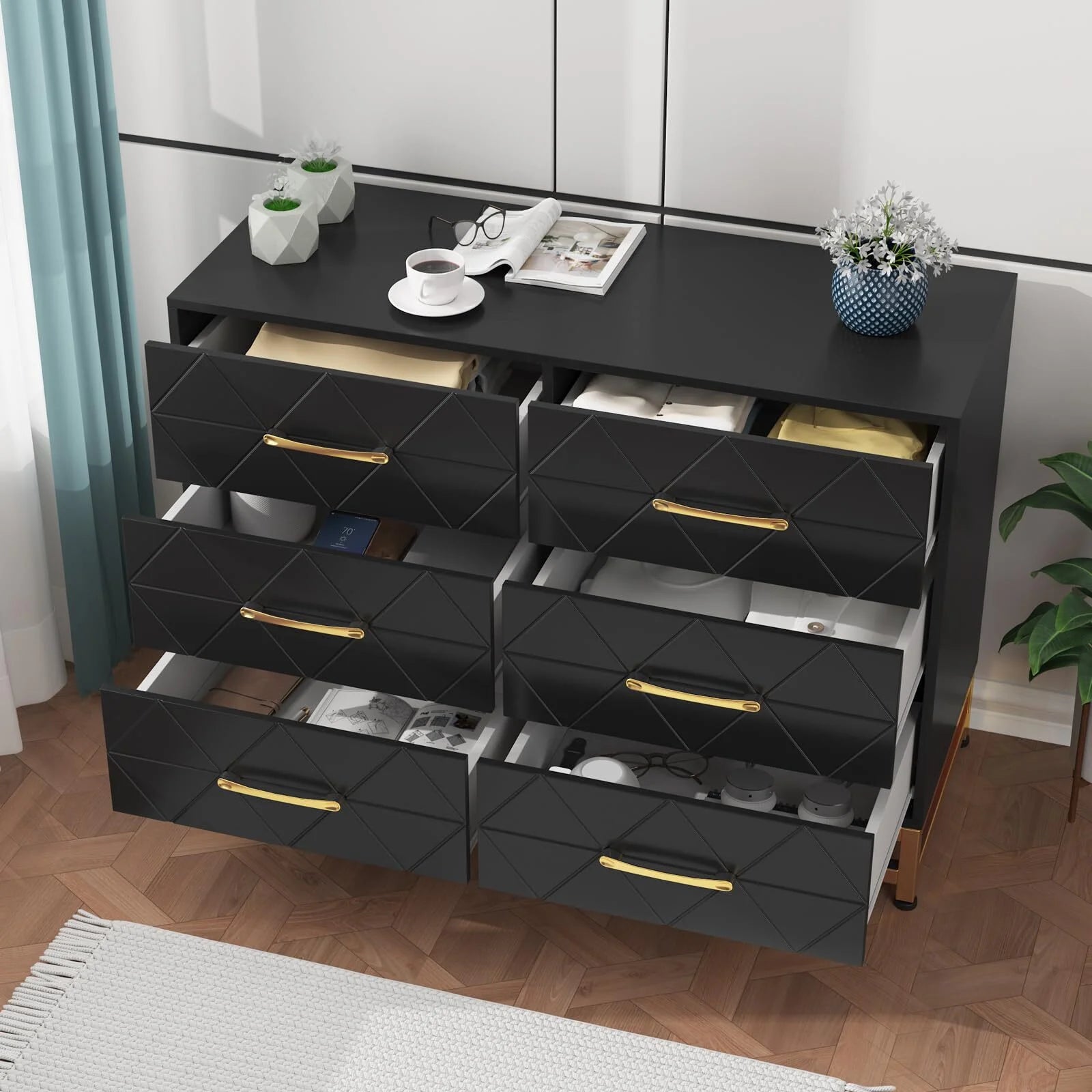 NEILA 6 Drawer Dresser, White Wood Dresser for Closet, TV Stand, Morden Chest of Drawers for Bedroom, Living Room, Hallway, Nursery