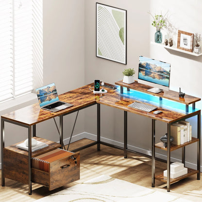 Huuger L Shaped Desk with Power Outlets & LED Lights, Reversible Computer Desk with File Cabinet & Storage Shelves, Corner Gaming Desk Home Office Desk, Rustic Brown