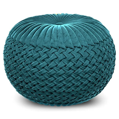 Pemberly Row Round Pouf in Teal Green Velvet Fabric with Woven Details