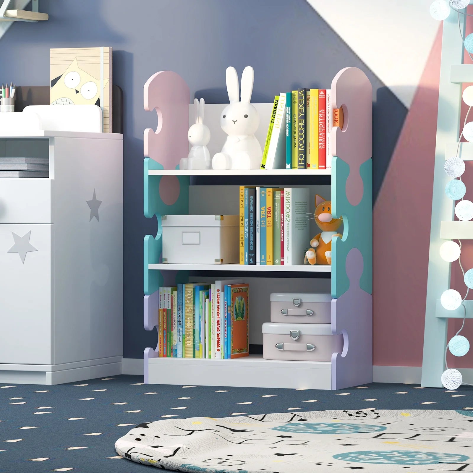 3-Tier Puzzle Piece Kids Bookshelf - Open Toy & Book Organizer for Nursery, Bedroom & Classroom