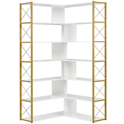 7-Tier Bookcase, L-Shaped Corner Bookcase, Tall Bookshelf with Metal Frame, Industrial Style Shelf with Open Storage, Bookshelf for Home Office Living Room and Bedroom, Gold+White