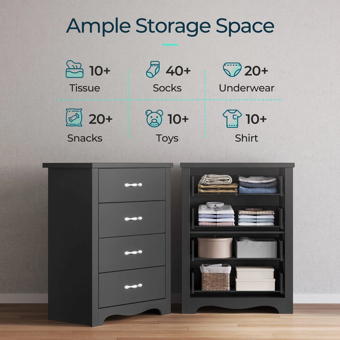 LINSY HOME Dressers for Bedroom, 4 Drawers Chest, Nursery Dresser Organizer, Tall Dresser Chest of Drawers - Black