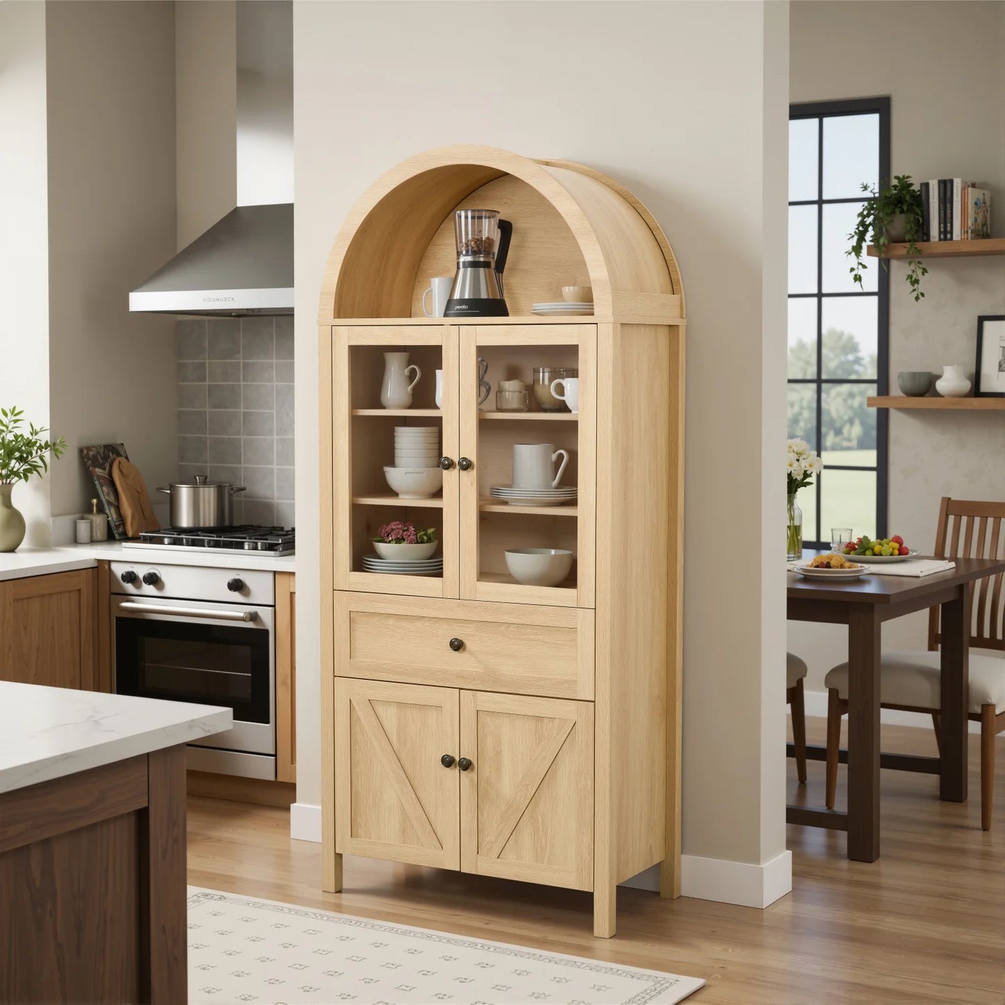 Lisonu 72" Arched Bookcase with Doors, Tall Dome Display Cabinet with Storage for Living Room or Home Office, Natural
