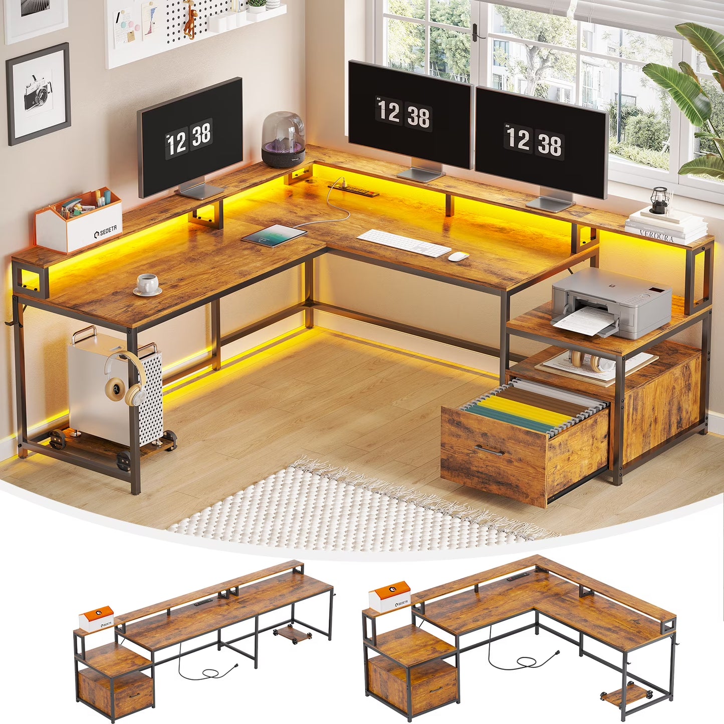 L Shaped Desk with Power Outlet and LED Lights, Corner Computer Desk with File Drawer for Home Office, Gaming Desk, Rustic Brown