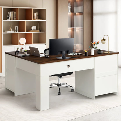 Haverchair 60" Executive L Shaped Desk with Drawers, Farmhouse Home Office Desk with Charging Station, Wood Corner Computer Desk with File Cabinet, Writing Computer Desk for Work and Study