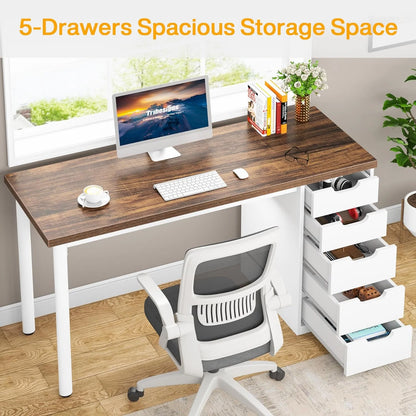 Finmind Computer Desk with 5 Drawers, 47 inches Rustic Brown Home Office Desk with Storage, Modern Study Writing Table Workstation for Small Spaces, Brown & White