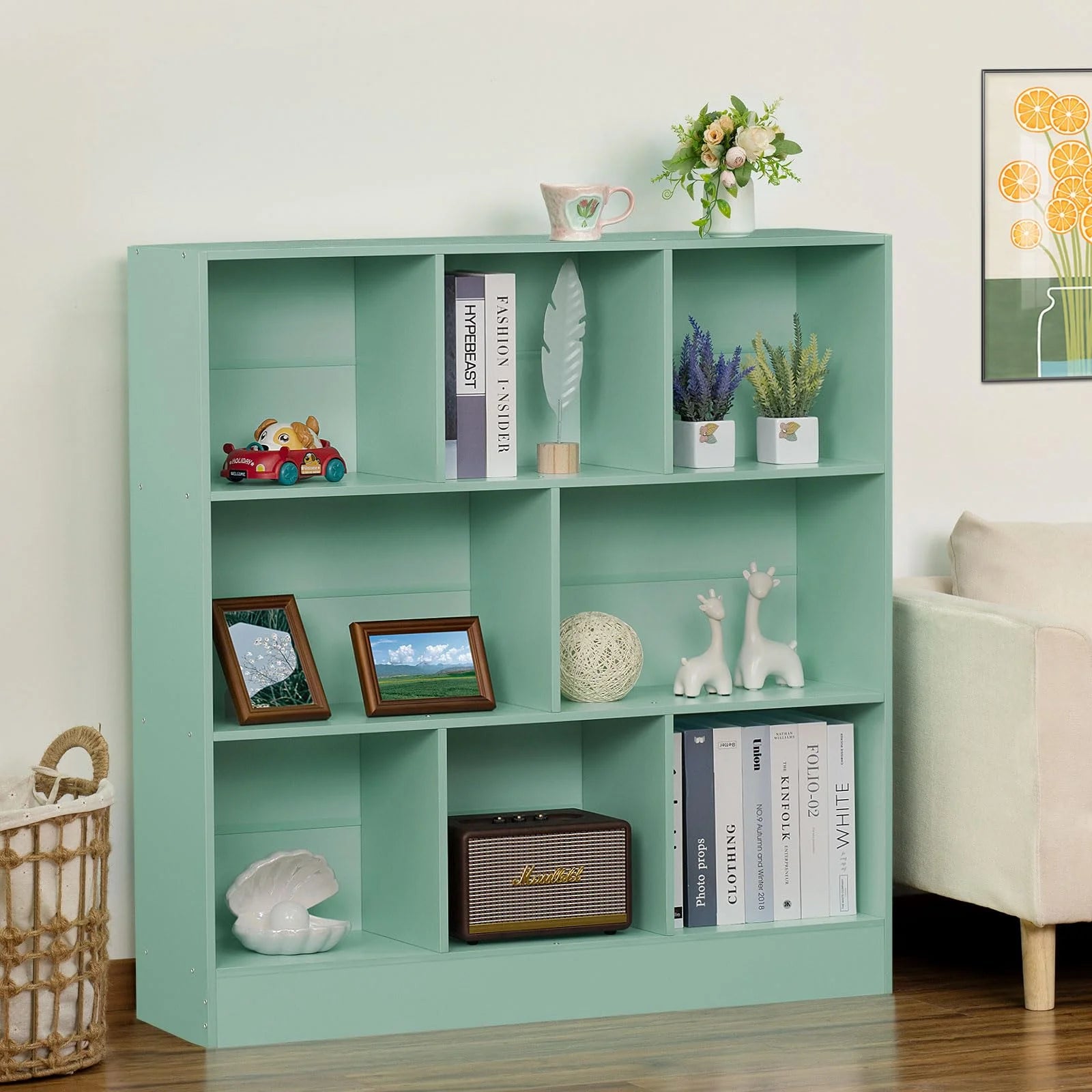 8 Cube Bookshelf with Base,3 Tier Modern Mint-Green Bookcase,Standing Wide Bookshelves Storage Organizer Toy Shelf,Wood Display Children's Book Shelves for Bedroom,Living Room,Nursery