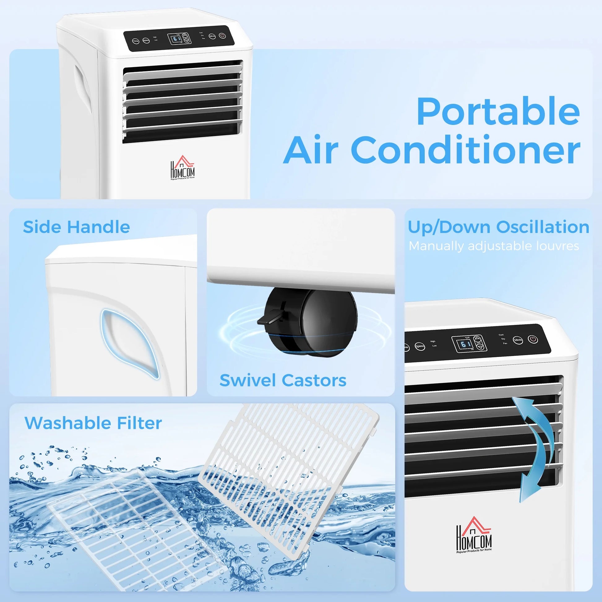 HOMCOM 8000 BTU Mobile Portable Air Conditioner with Cooling, Dehumidifier, and Ventilating with Remote Control, 2 Speed Fans, 24-Hour Timer for Bedroom, Living Room, Home Office, White