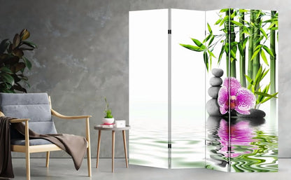 TOA 4 Panels Privacy Screen Room Divider Partition with Bamboo and Hotstones Canvas, Water Resistant for Living Room, Bathroom, Home Office or College Dorm, Wood Frame
