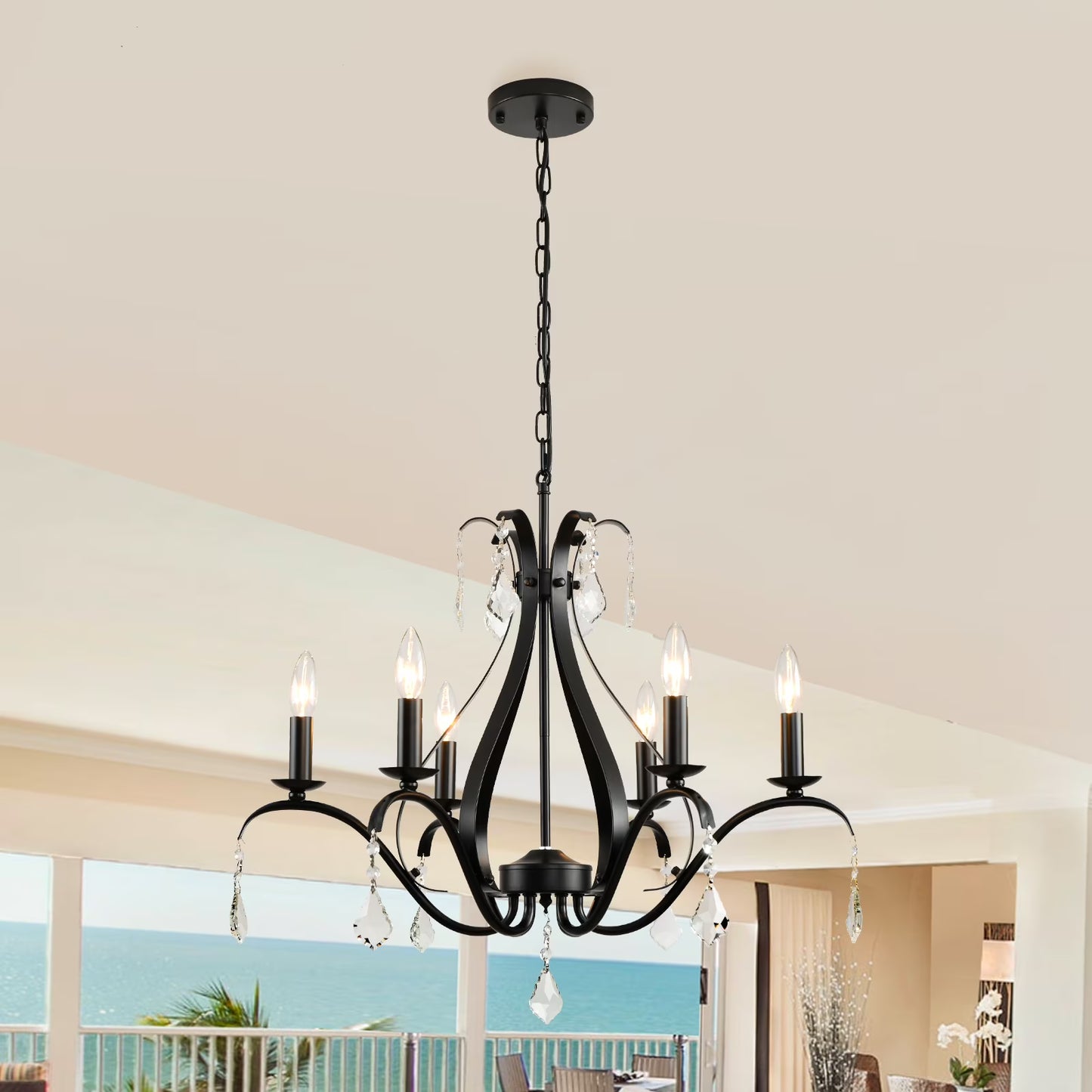 Magic Home 6-Light Modern Farmhouse Chandelier,Classic Candle Ceiling Pendant Light Fixture,Black