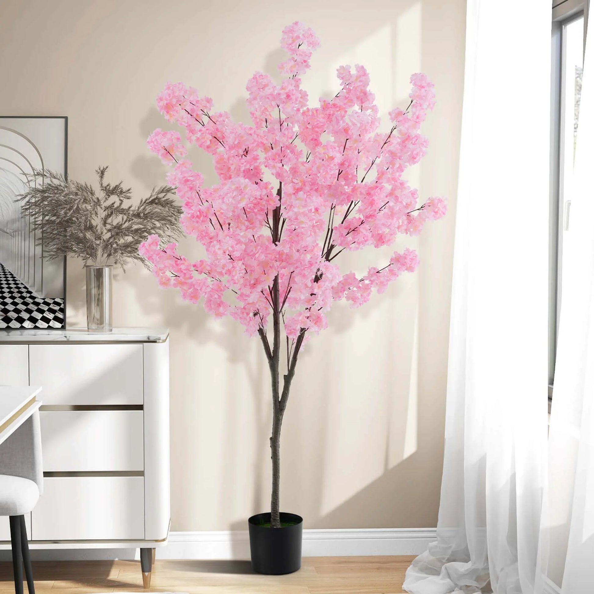 Costway 6.5 FT 2 PCS Tall Artificial Cherry Blossom Tree with 900 Pink Flowers Cement-filled