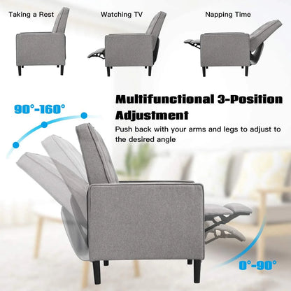 Giantex Push Back Recliner Chair, Fabric Accent Arm Chair with Ottoman Modern Recliner Sofa for Living Room Bedroom Home Office Club Chair (1 Pcs, Grey)