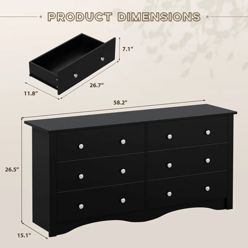 Lumihaven Rustic Modern Chest of 6 Drawers,Extra Wide Double Dresser for Master Bedroom or Nursery Storage,Black