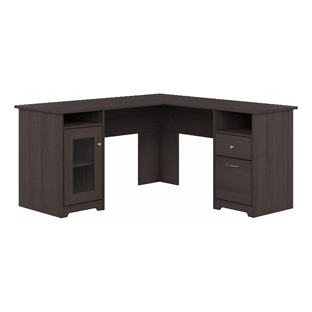 Pemberly Row 60" Home Office L-Shape Desk with 4-Port USB Hub and File Drawer in Heather Gray
