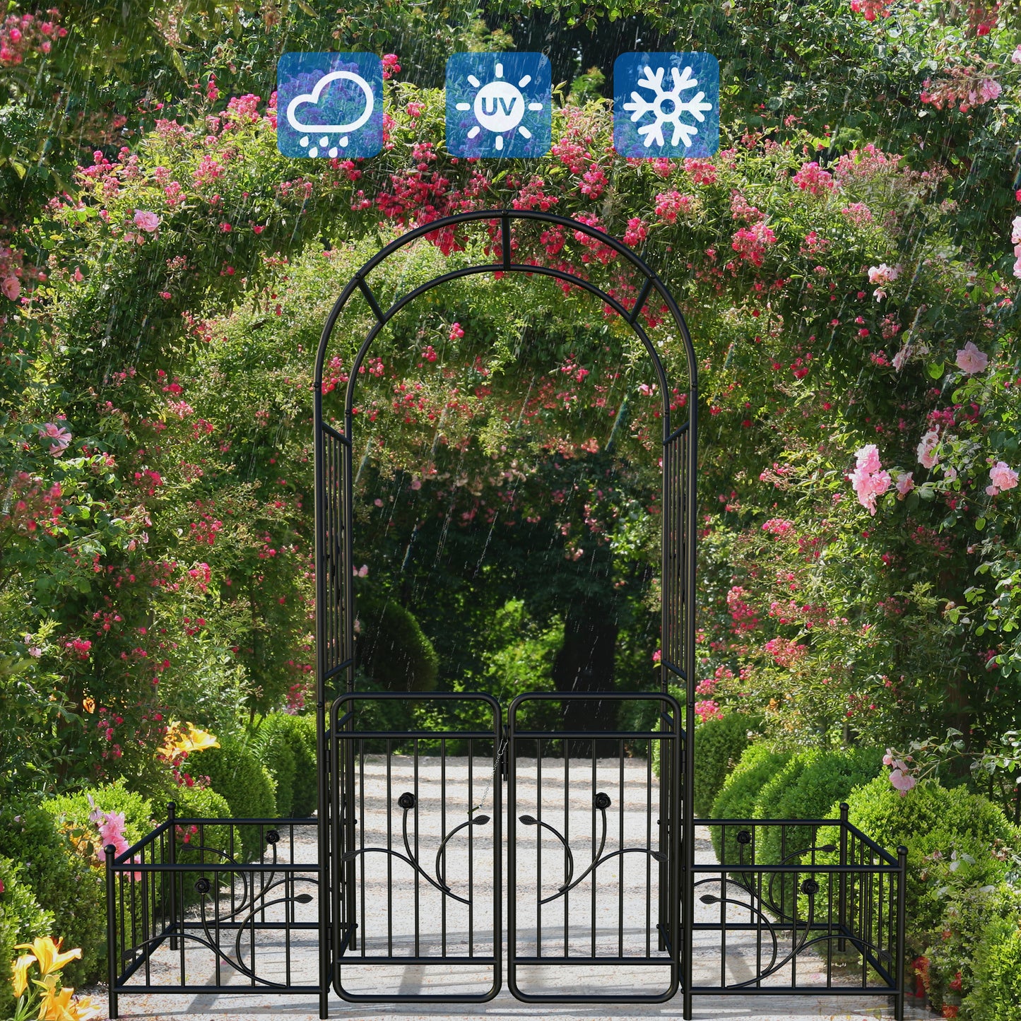 Dextrus Metal Garden Arch with Planter Boxes and Gate, Elegant Wedding Arch Climbing Plants Party Decoration for Outdoor Lawn