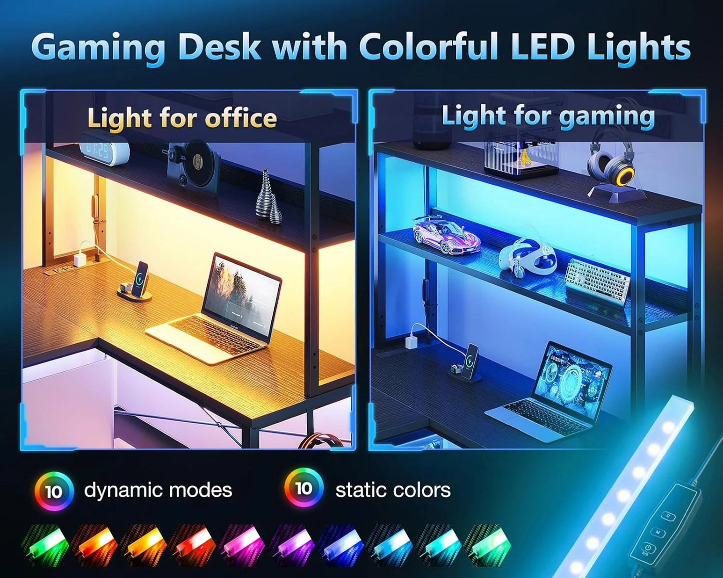 Gaming Desk with Power Outlets & LED Lights, 43 Inch Reversible L Shaped Computer Desk with Shelves & Storage Bag, Corner Desk for Home Office, Black