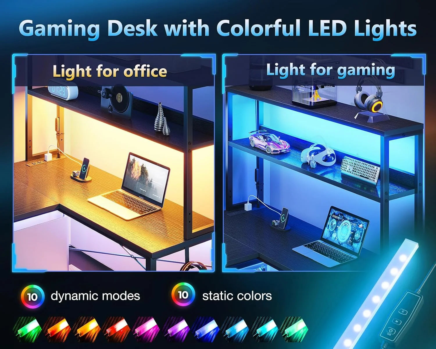 Gaming Desk with Power Outlets & LED Lights, 43 Inch Reversible L Shaped Computer Desk with Shelves & Storage Bag, Corner Desk for Home Office, Black