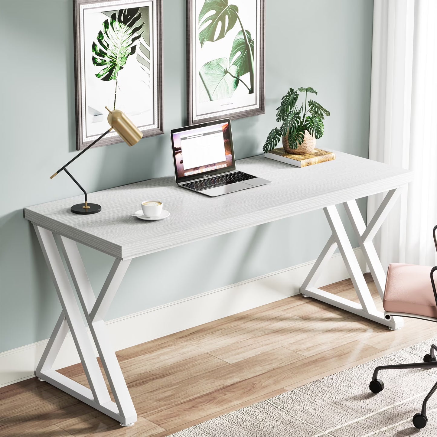 Heavy Duty Study Desk with Z-Shaped Metal Leg, Modern Simple Home Office Computer Desk, Rustic Brown