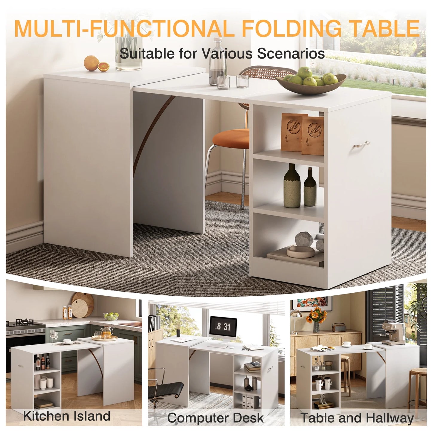 Tarnorci foldable desk Home Office compact desk with 3 Layer Storage Rack