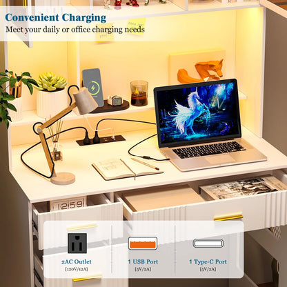 HNEBC LED Study Desk with Hutch and Drawer, Home Office Desk with Outlet, Computer Desk with Charging Station, Writing Desk for Bedroom, Workstation for Small Space