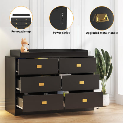 NEILA Changing Table Dresser with 6 Drawers and Power Outlets - Nursery Storage Organizer with Removable Changing Pad