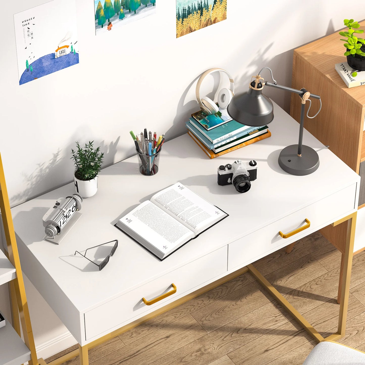 Tribesigns Modern 40" Makeup Dresser or Home Office Computer Laptop Writing Desk with Two Storage Drawers, White Top and Gold Metal Frame