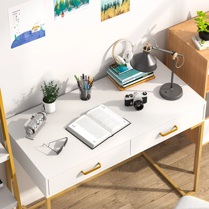 Tribesigns Modern 40" Makeup Dresser or Home Office Computer Laptop Writing Desk with Two Storage Drawers, White Top and Gold Metal Frame