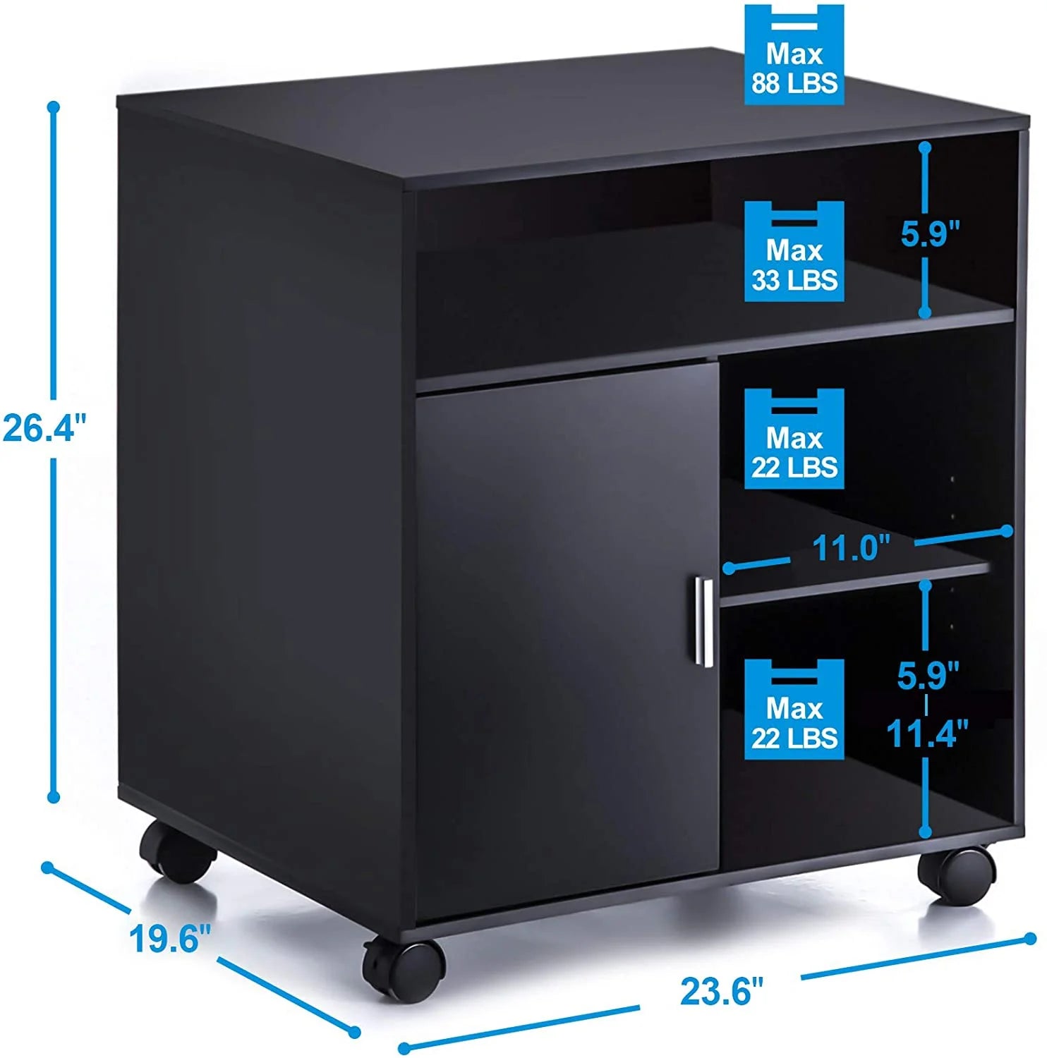 FITUEYES Printer Stand with Storage Adjustable Shelves, Wood Mobile Cart with Door, Rolling File Cabinet on Wheels for Home Office, Black